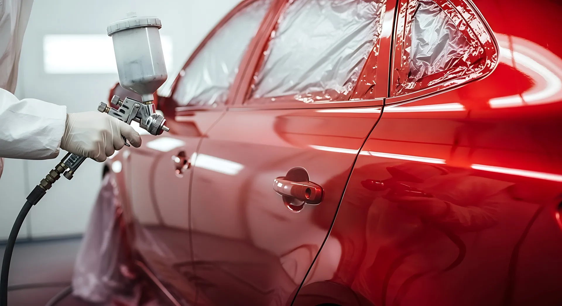Bodyshop technician respraying a car panel